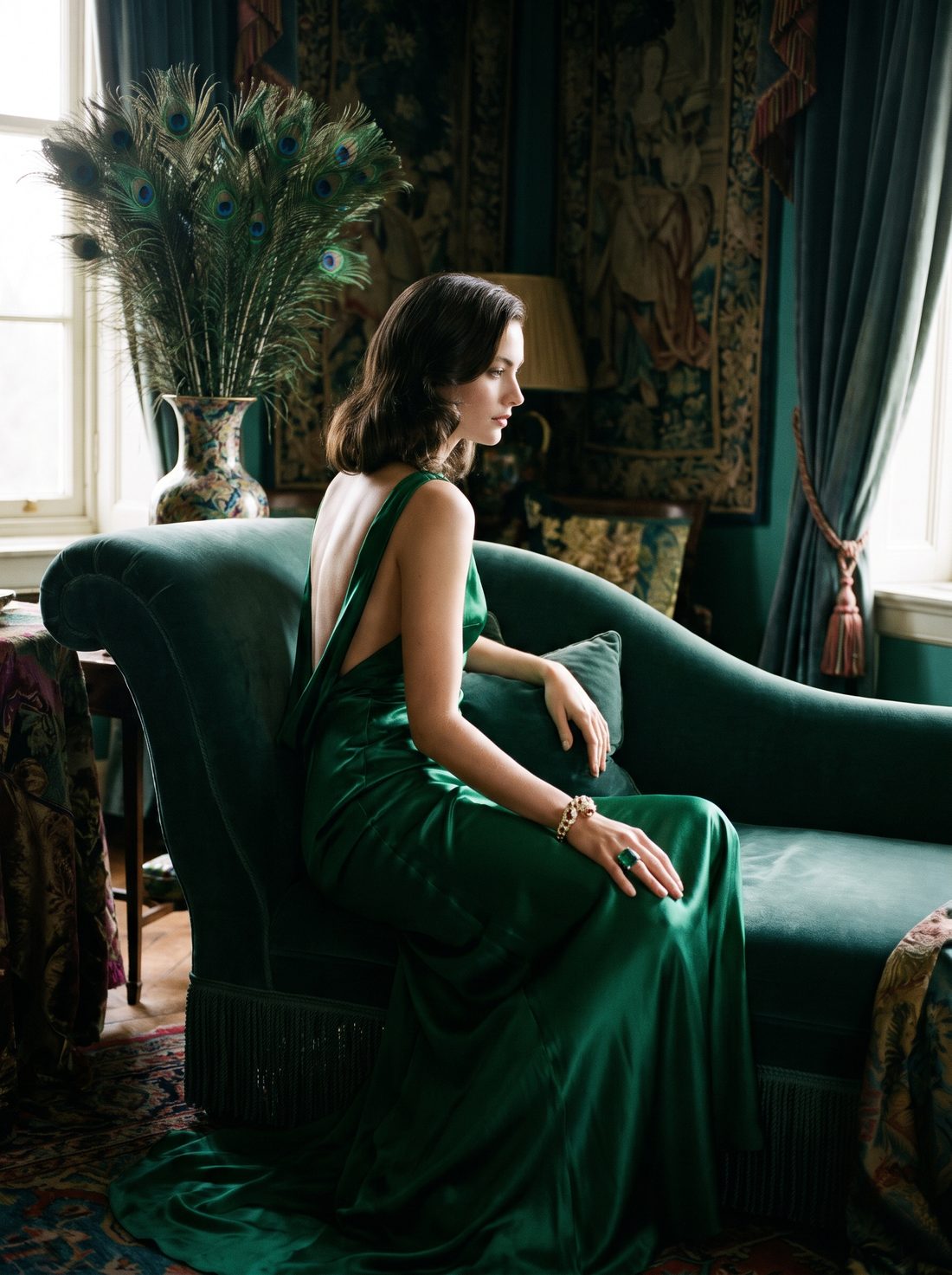 Emerald silk gown with vintage gold jewelry